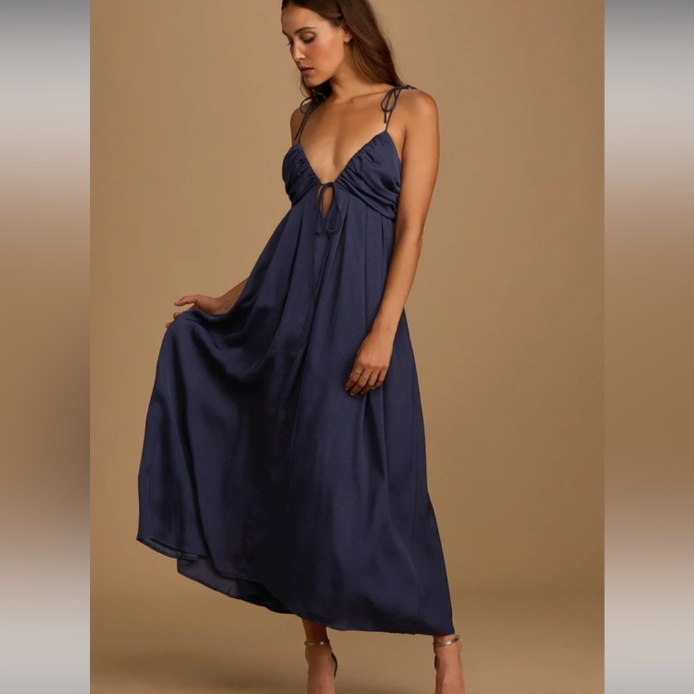 Lulus Navy Blue Satin Tie-Back Maxi Dress